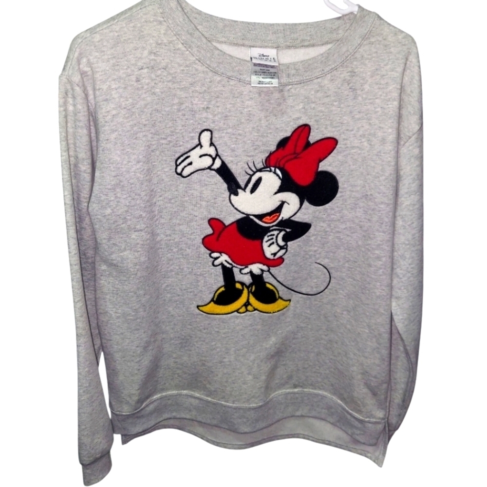 Disney Women's Gray Fleece Chenille Patch High Low Minnie Mouse Sweatshirt Sz M